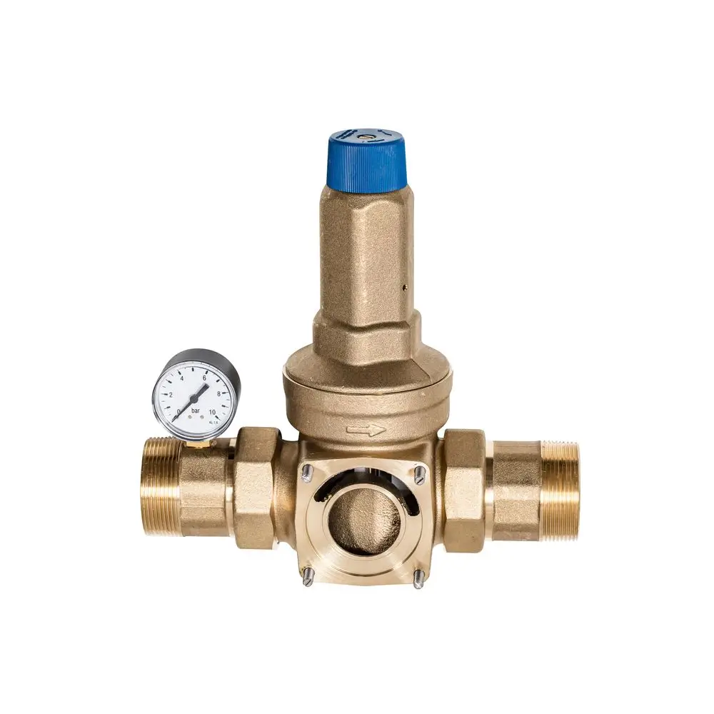 Druckminderer mit Manometer und Anschluss für Rohrleitungen, gefertigt von BWT, zur Regulierung des Wasserdrucks in Heizsystemen.